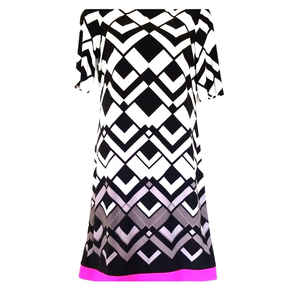 Eliza J Black White Geometric Midi Dress with Pink Trim